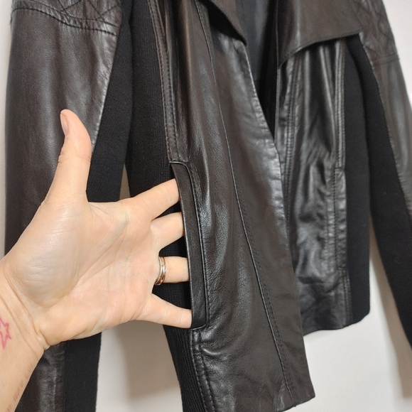 Halogen Quilted Lamb Leather Moto Open Front Jacket Stretch Knit Panel Black S - Picture 7 of 11